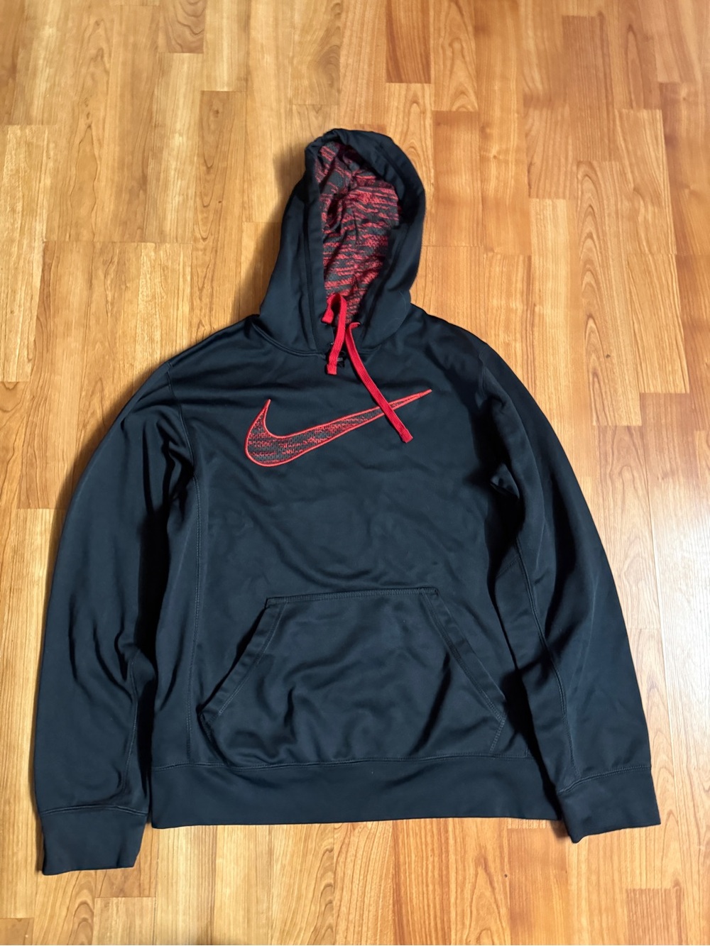 Nike Black Pullover Hoodie with Red Swoosh and Red Lined Hood